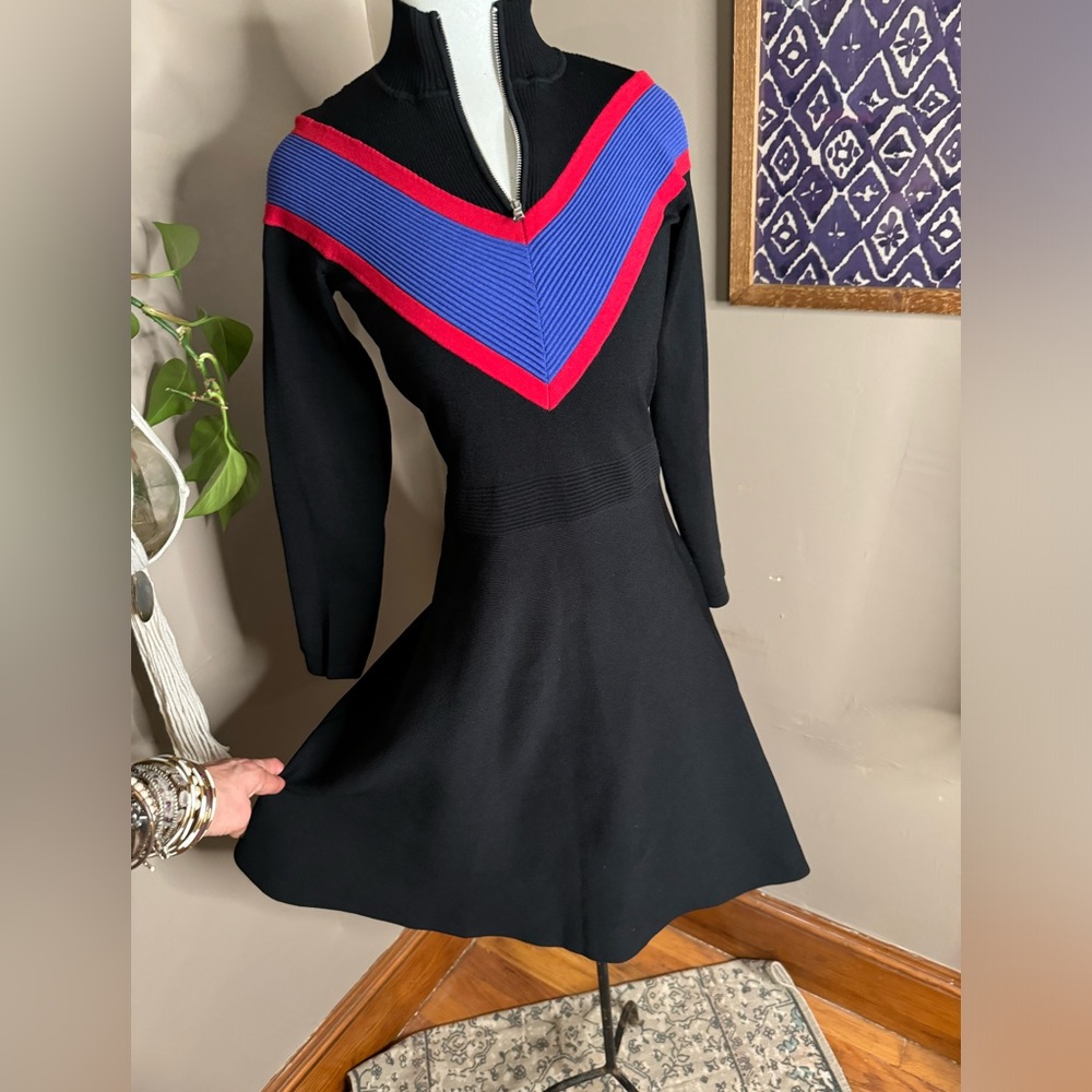 Sandro Knit Blue/Red Zip‎ Neck Long Sleeve Dress Sz S-M - Picture 3 of 11